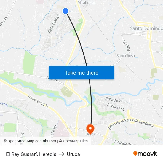 El Rey Guararí, Heredia to Uruca map