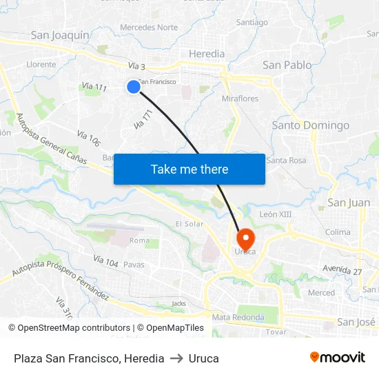 Plaza San Francisco, Heredia to Uruca map