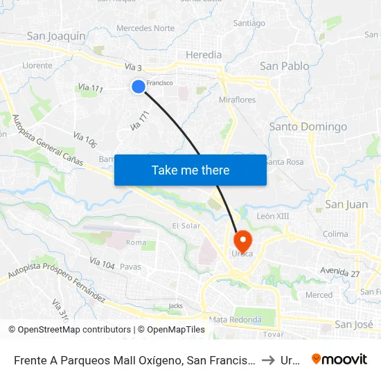 Frente A Parqueos Mall Oxígeno, San Francisco Heredia to Uruca map