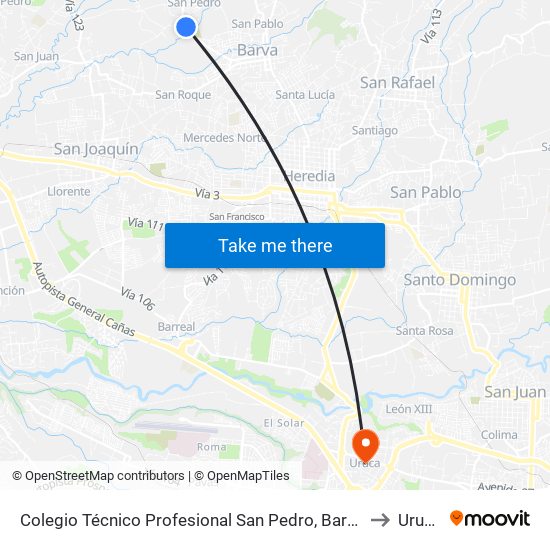 Colegio Técnico Profesional San Pedro, Barva to Uruca map