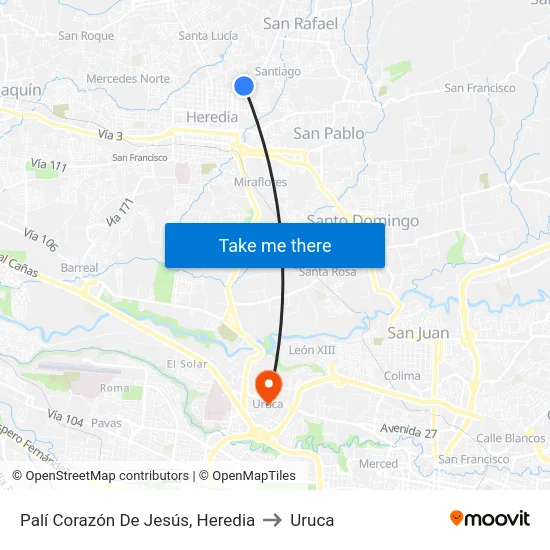Palí Corazón De Jesús, Heredia to Uruca map