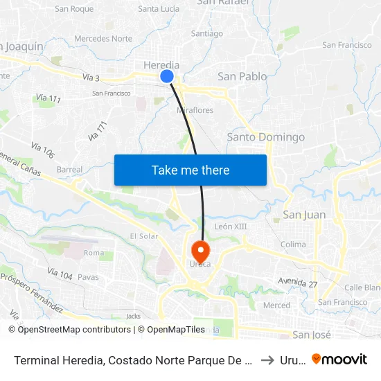 Terminal Heredia, Costado Norte Parque De El Carmén to Uruca map