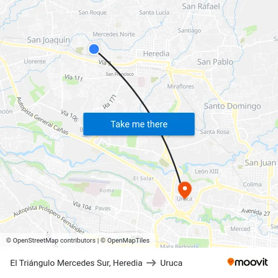 El Triángulo Mercedes Sur, Heredia to Uruca map