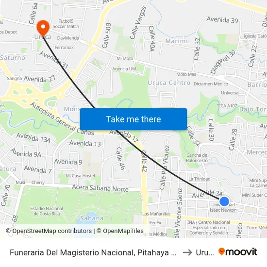 Funeraria Del Magisterio Nacional, Pitahaya San José to Uruca map