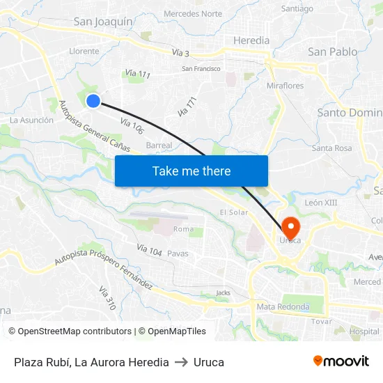 Plaza Rubí, La Aurora Heredia to Uruca map
