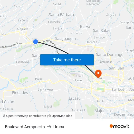 Boulevard Aeropuerto to Uruca map