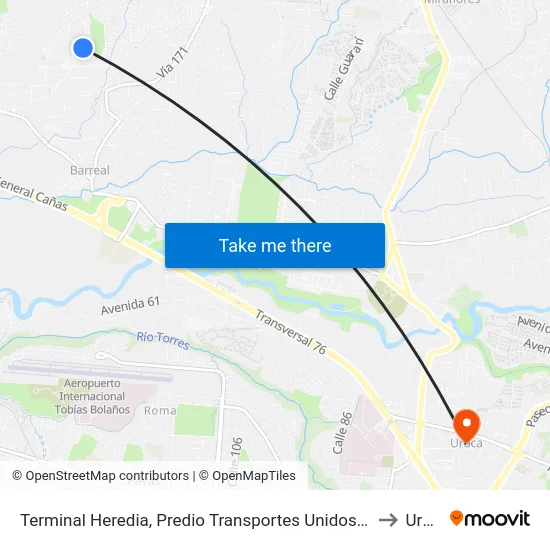 Terminal Heredia, Predio Transportes Unidos La 400 S.A. to Uruca map