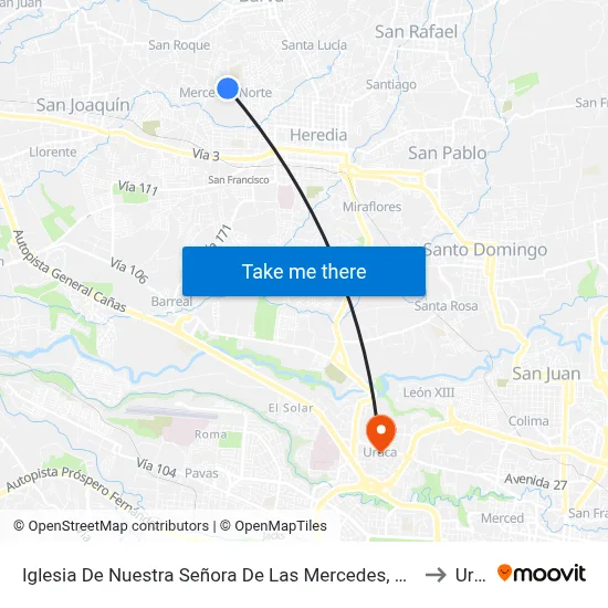 Iglesia De Nuestra Señora De Las Mercedes, Mercedes Norte Heredia to Uruca map