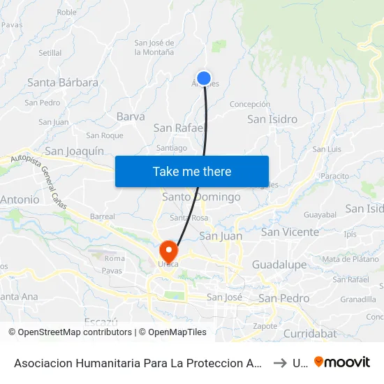 Asociacion Humanitaria Para La Proteccion Animal De Costa Rica, Los Ángeles De San Rafael to Uruca map