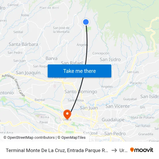 Terminal Monte De La Cruz, Entrada Parque Recreativo Monte De La Cruz to Uruca map
