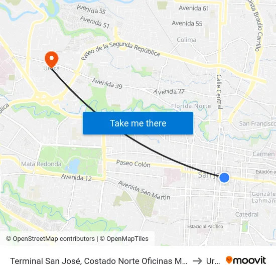 Terminal San José, Costado Norte Oficinas Ministerio De Hacienda to Uruca map