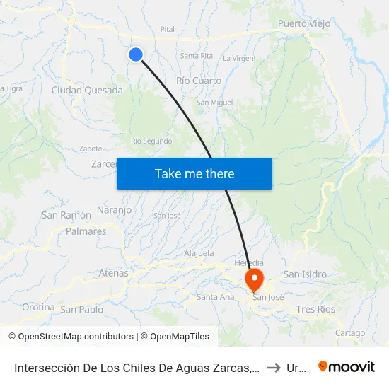 Intersección De Los Chiles De Aguas Zarcas, San Carlos to Uruca map