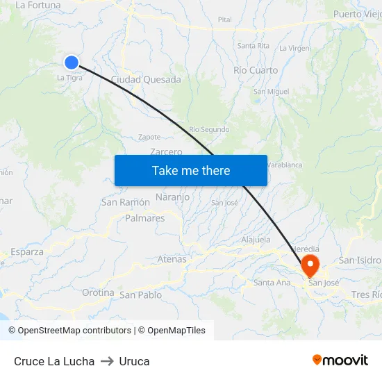 Cruce La Lucha to Uruca map
