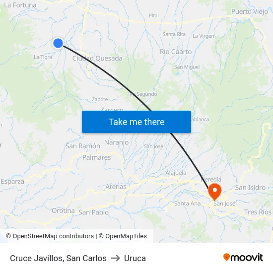 Cruce Javillos, San Carlos to Uruca map