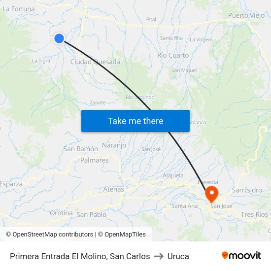 Primera Entrada El Molino, San Carlos to Uruca map