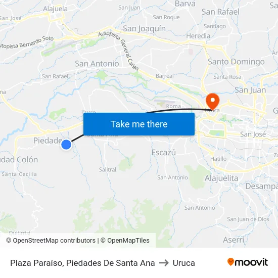 Plaza Paraíso, Piedades De Santa Ana to Uruca map