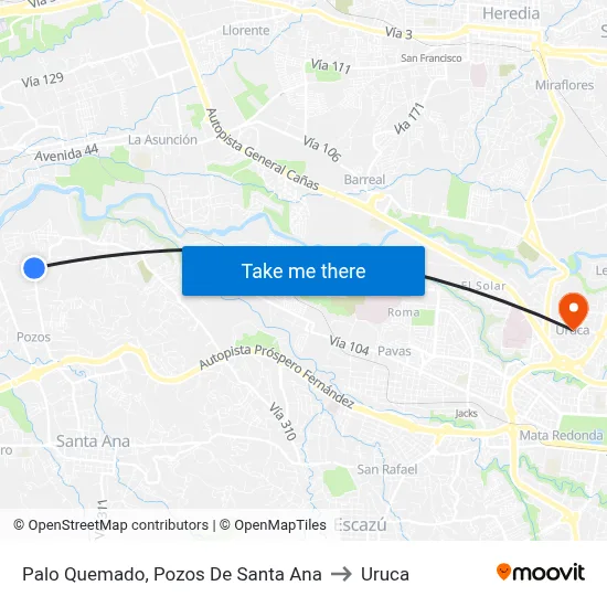 Palo Quemado, Pozos De Santa Ana to Uruca map