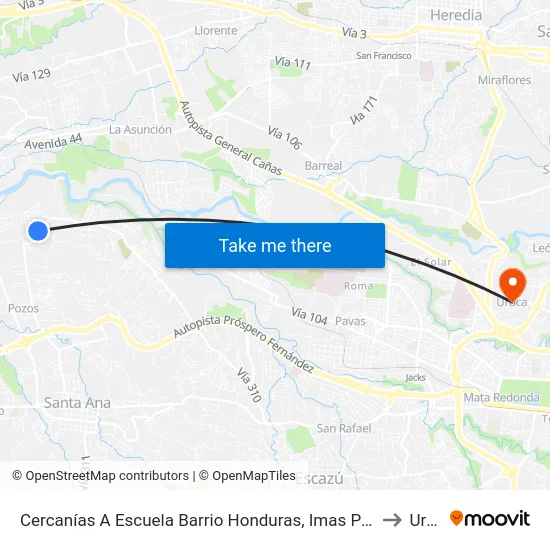 Cercanías A Escuela Barrio Honduras, Imas Pozos De Santa Ana to Uruca map