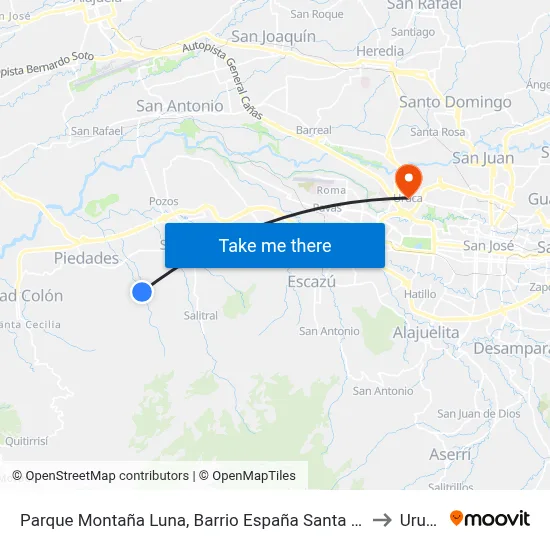 Parque Montaña Luna, Barrio España Santa Ana to Uruca map