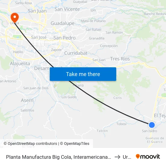Planta Manufactura Big Cola, Interamericana Sur El Guarco to Uruca map