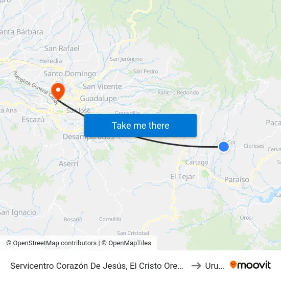 Servicentro Corazón De Jesús, El Cristo Oreamuno to Uruca map