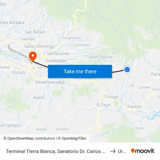Terminal Tierra Blanca, Sanatorio Dr. Carlos Duran Cartín to Uruca map