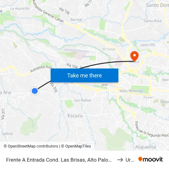 Frente A Entrada Cond. Las Brisas, Alto Palomas De Santa Ana to Uruca map