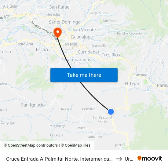Cruce Entrada A Palmital Norte, Interamericana Sur El Guarco to Uruca map