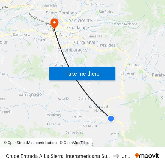 Cruce Entrada A La Sierra, Interamericana Sur El Guarco to Uruca map