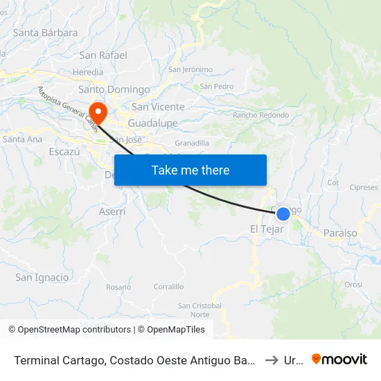 Terminal Cartago, Costado Oeste Antiguo Banco Crédito Agricola to Uruca map