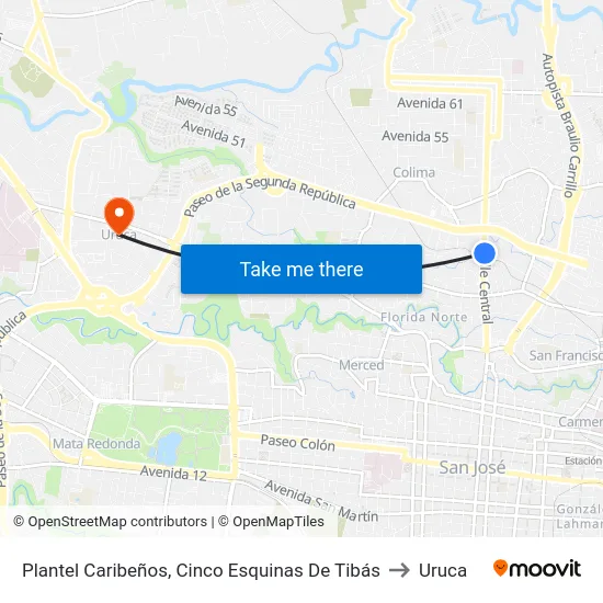 Plantel Caribeños, Cinco Esquinas De Tibás to Uruca map