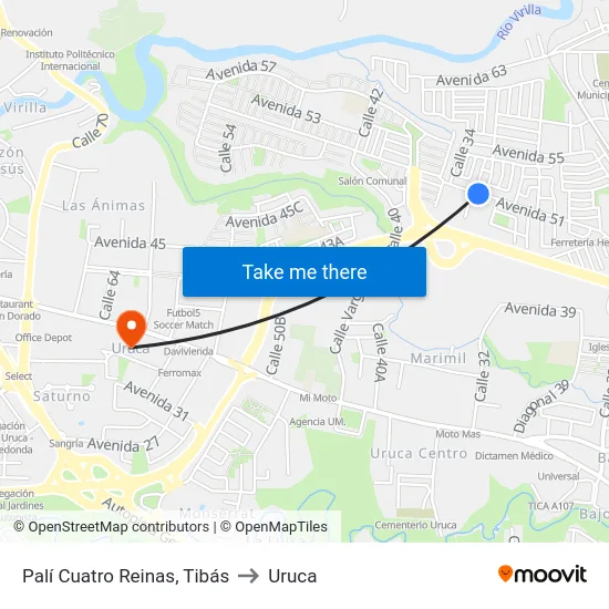 Palí Cuatro Reinas, Tibás to Uruca map