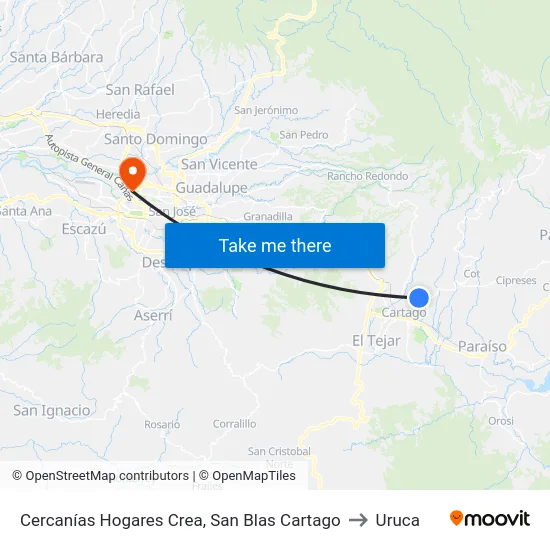 Cercanías Hogares Crea, San Blas Cartago to Uruca map
