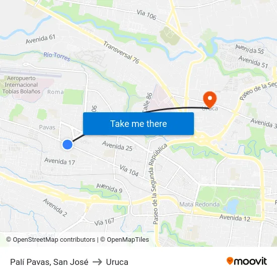 Palí Pavas, San José to Uruca map