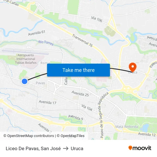 Liceo De Pavas, San José to Uruca map