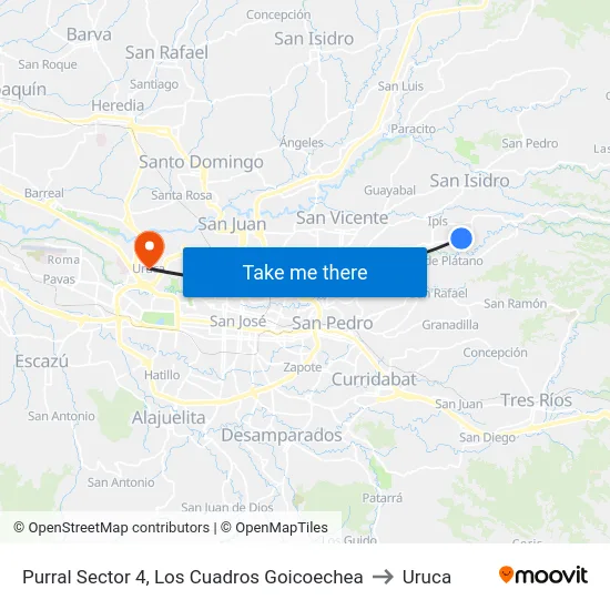 Purral Sector 4, Los Cuadros Goicoechea to Uruca map