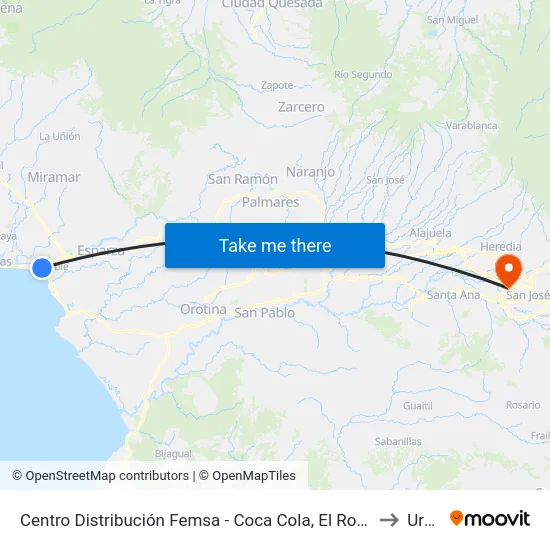 Centro Distribución Femsa - Coca Cola, El Roble Puntarenas to Uruca map