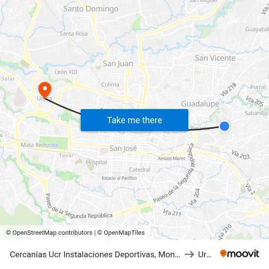 Cercanías Ucr Instalaciones Deportivas, Montes De Oca to Uruca map