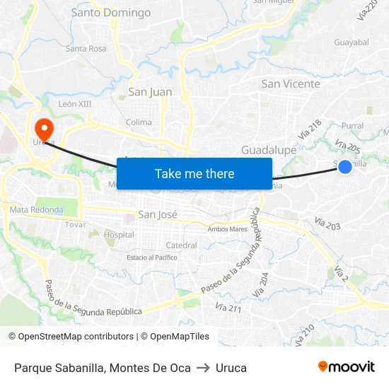 Parque Sabanilla, Montes De Oca to Uruca map