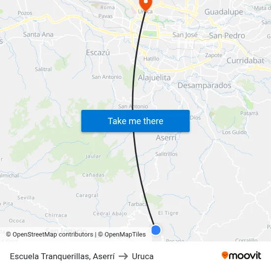 Escuela Tranquerillas, Aserrí to Uruca map
