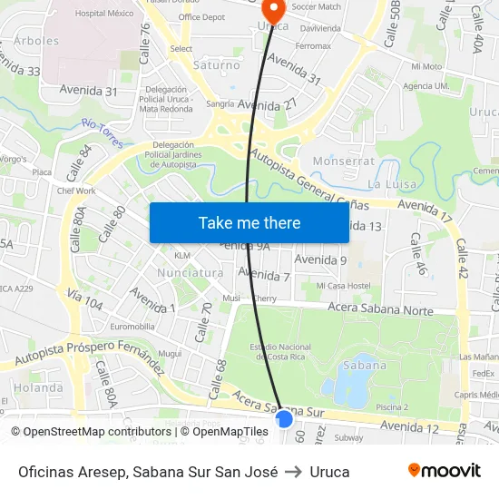 Oficinas Aresep, Sabana Sur San José to Uruca map