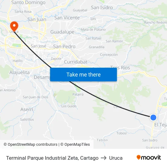 Terminal Parque Industrial Zeta, Cartago to Uruca map