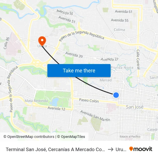 Terminal San José, Cercanías A Mercado Coca Cola to Uruca map