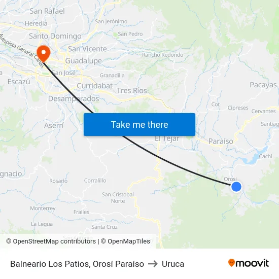 Balneario Los Patios, Orosí Paraíso to Uruca map