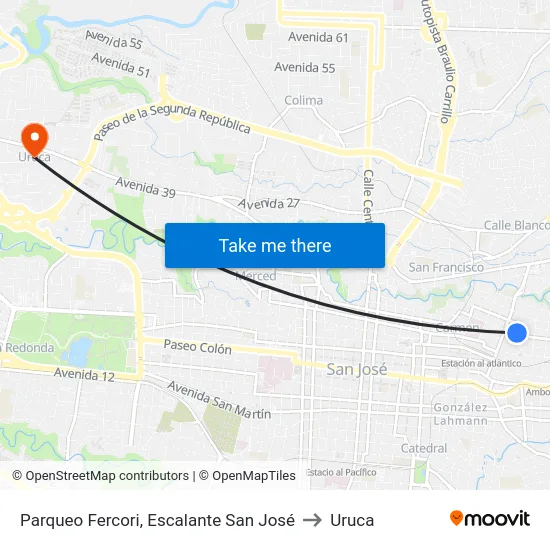Parqueo Fercori, Escalante San José to Uruca map