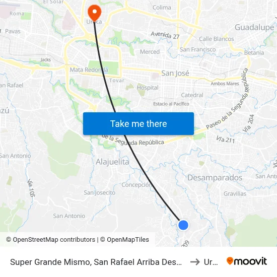 Super Grande Mismo, San Rafael Arriba Desamparados to Uruca map