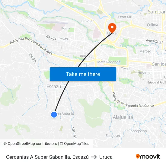 Cercanías A Super Sabanilla, Escazú to Uruca map