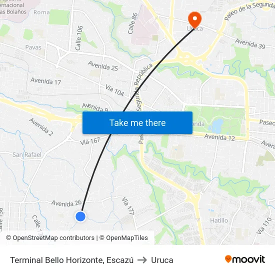Terminal Bello Horizonte, Escazú to Uruca map
