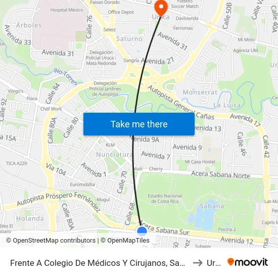 Frente A Colegio De Médicos Y Cirujanos, Sabana Sur San José to Uruca map