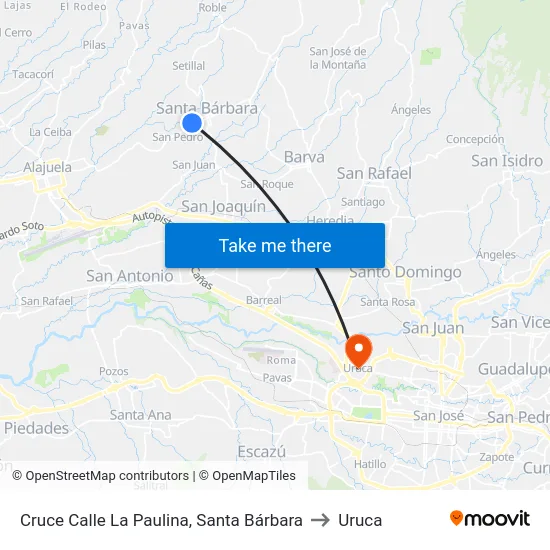 Cruce Calle La Paulina, Santa Bárbara to Uruca map